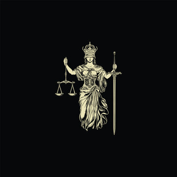 Vintage Lady Justice illustration holding scales and sword wearing a crown on black background.