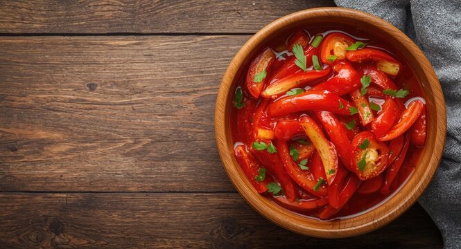 Tangy vegetarian red pepper salad of pickled bell pepper slices in vinegar brine seasoned with spices presented in wooden serving bowl