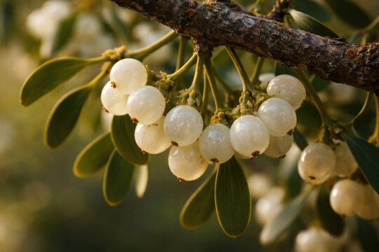 Close up of ripe mistletoe berries hanging from a tree branch