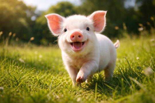 Happy white piglet playing on a lush green pasture under summer sun