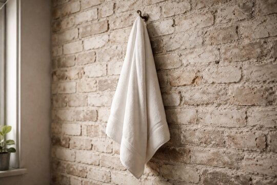 White towel hanging on hook against textured brick wall indoors
