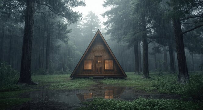 Triangular shaped rustic cabin embraced by rainy woodland terrain