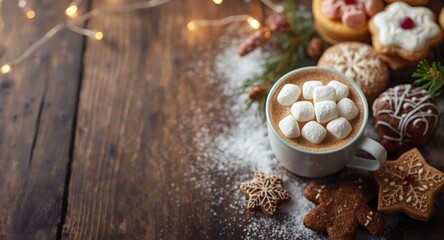 Fototapeta premium Winter season coffee with marshmallows and festive sweet treats captured from above