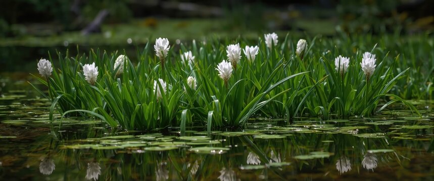Water hyacinth aquatic plants thriving in natural freshwater river environment