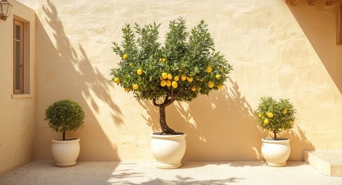Sunny Mediterranean backyard showcasing lemon and olive trees in elegant white pots