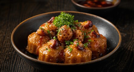Fototapeta premium Traditional octopus takoyaki served with green garnish