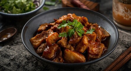 Fototapeta premium Hearty Filipino lunch with traditional adobong kangkong