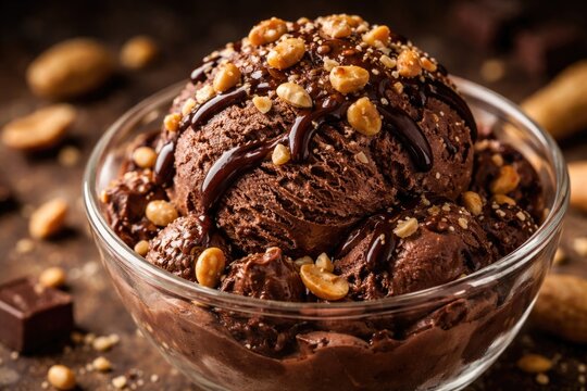 Sweet chocolate ice cream with crunchy peanuts topping