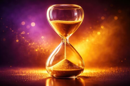 Golden sand hourglass on vibrant purple and yellow backdrop symbolizing time management and urgency