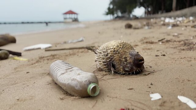 Dead fish and plastic bottle on polluted beach. Environmental problem showing ocean pollution and plastic waste impact on marine life.