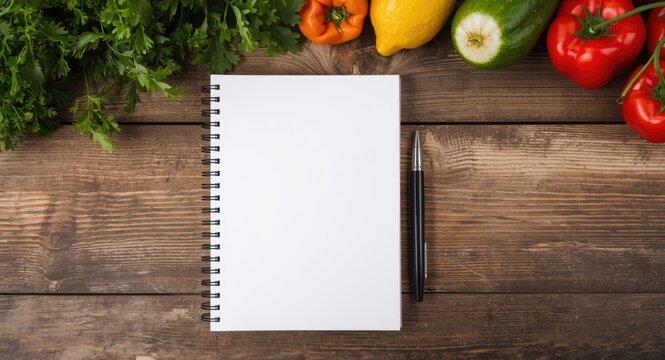 Flat lay of a blank notebook with fresh picked fruits and vegetables arranged on a rustic aged wood table featuring copy space
