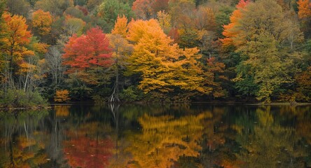 Fototapeta premium Tranquil scene of colorful autumn foliage reflected in still river