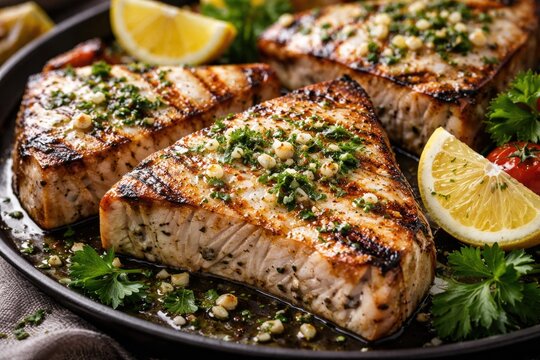 Grilled Swordfish Steaks with Garlic and Parsley Garnish on Platter