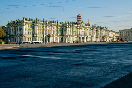 Saint-Petersburg, Russia - May 13, 2006: Historical documentary photo showing the State Hermitage Museum (Winter Palace) under extensive restoration with scaffolding covering the facade on Palace