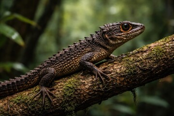 Fototapeta premium Detailed side view of a crocodile skink perched on a tree branch