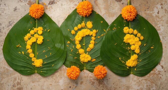 Traditional Maa Lakshmi footprint art on Apta leaves decorated with vibrant marigolds for celebrations