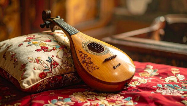 A traditional stringed instrument rests on a vibrant floral pillow and red cloth in a cozy indoor setting with warm lighting.