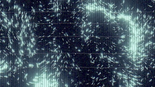 Bright glowing light trails and particles animation with television static noise and distortion effects