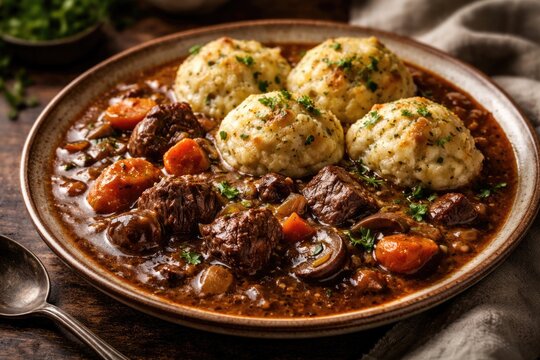 Beef Casserole with Dumplings on Rustic Plate