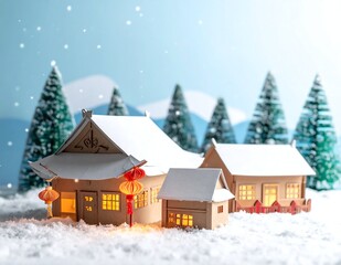 Fototapeta premium A miniature house with snow-covered roof and warm lights