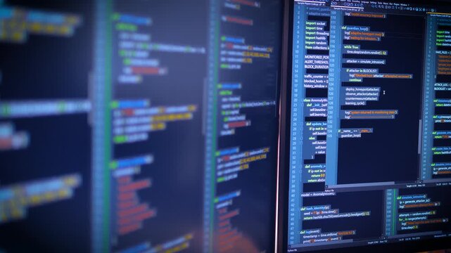 Close up computer monitors displaying fictional programming code and software development interface, technology workspace concept