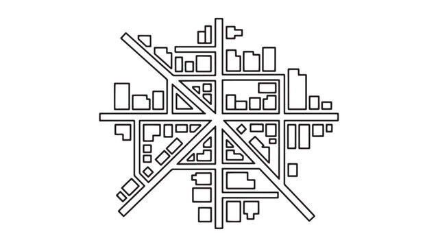 Abstract Geometric City Map Line Art Illustration with Intersecting Roads and Building Blocks, Modern Urban Planning Concept Design Element