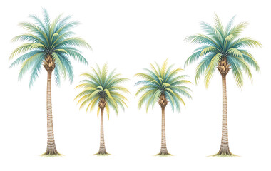 Obraz premium Four palm trees with green and blue leaves on white background green leaves tropical plants palm tree trees