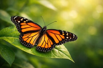 Obraz premium Vibrant butterfly resting on fresh green leaf with wings spread in soft daylight and blurred background copy space