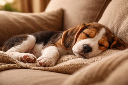 Charming Beagle puppy resting peacefully on a cozy indoor sofa