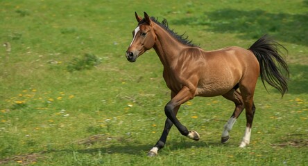 Fototapeta premium Spirited Trakehner foal running freely on verdant summer grassland