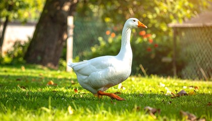 Obraz premium A white duck walking on green grass