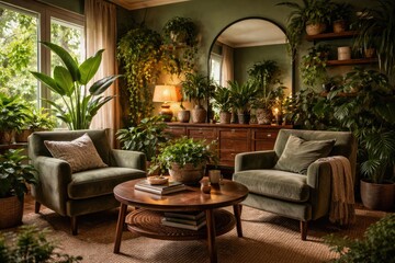 Obraz premium cozy green room interior featuring comfortable chairs and lush plant decor