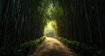 Obraz premium Sunlit bamboo grove pathway creating a tranquil atmosphere in a lush garden