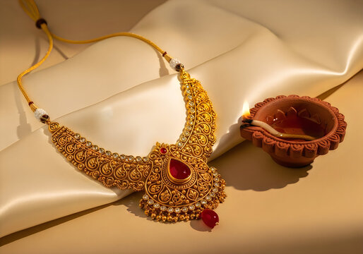 Ornate Gold Necklace with Ruby Accent and Diya Lamp on Silk Background