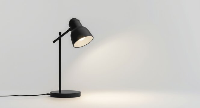 Minimalist modern black lamp with movable arm and LED light on plain backdrop