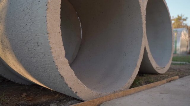Precast concrete culvert rings on building site with parallax camera movement