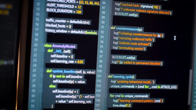 Close up computer monitors displaying fictional programming code and software development interface, technology workspace concept