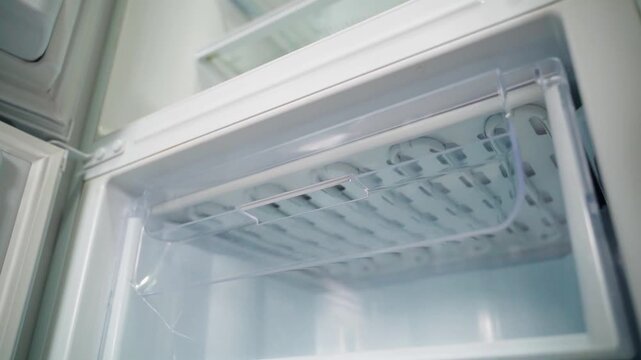 Empty freezer compartment of refrigerator close-up with smooth camera movement