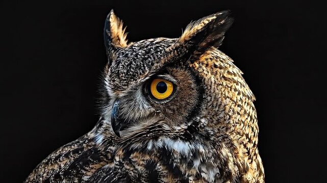 Great Horned Owl Intense Gaze on Black Background