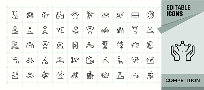 Competition vector line icon set. Modern linear icons. Competitive icon set. Contain linear sign sport, feat, sprint, competitive, fight, trophy and more.