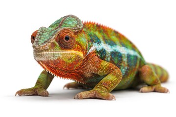 Fototapeta premium Crouching chameleon resting on a plain white backdrop