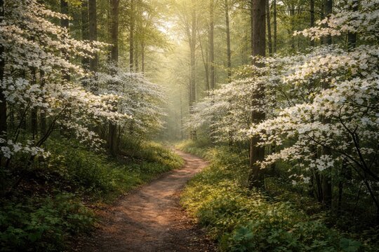 Serene forest trail lined with blooming dogwood trees in gentle morning light