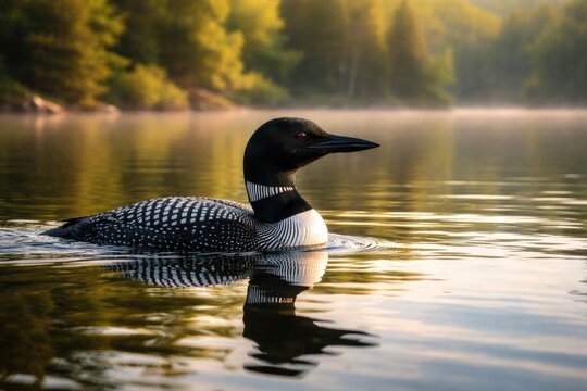 Peaceful common loon swimming on a calm summer lake