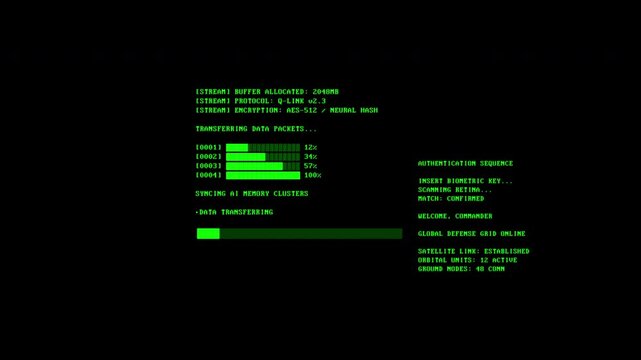 Futuristic terminal interface with fictional code for data transfer, authentication and encryption, cyber security concept and digital technology animation