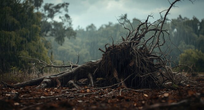 Tree broken by storm winds displaying scattered branches and root upheaval