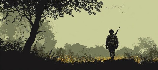 Obraz premium A soldier walk at nature forest field. Generative AI technology. 