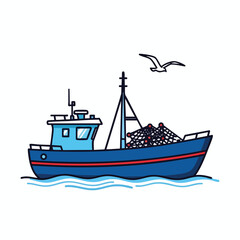 Naklejka premium Blue fishing boat with nets sails on wavy water, bird flies above