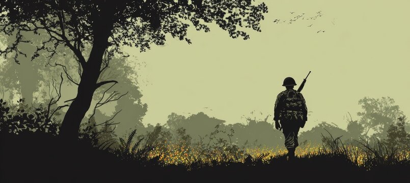 A soldier walk at nature forest field. Generative AI technology.	
