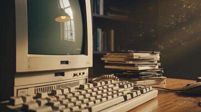 Vintage computer and peripherals on wooden desk with warm lighting