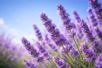 Obraz premium Close up of lavender flowers symbolizing aromatherapy under a clear blue sky
